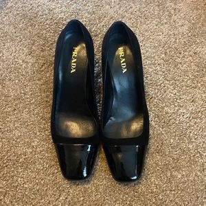 Black suede with patent leather toe Prada kitten heels
